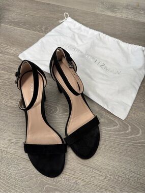 Stuart Weitzman Black Suede Open-Toe Ankle Strap Heels